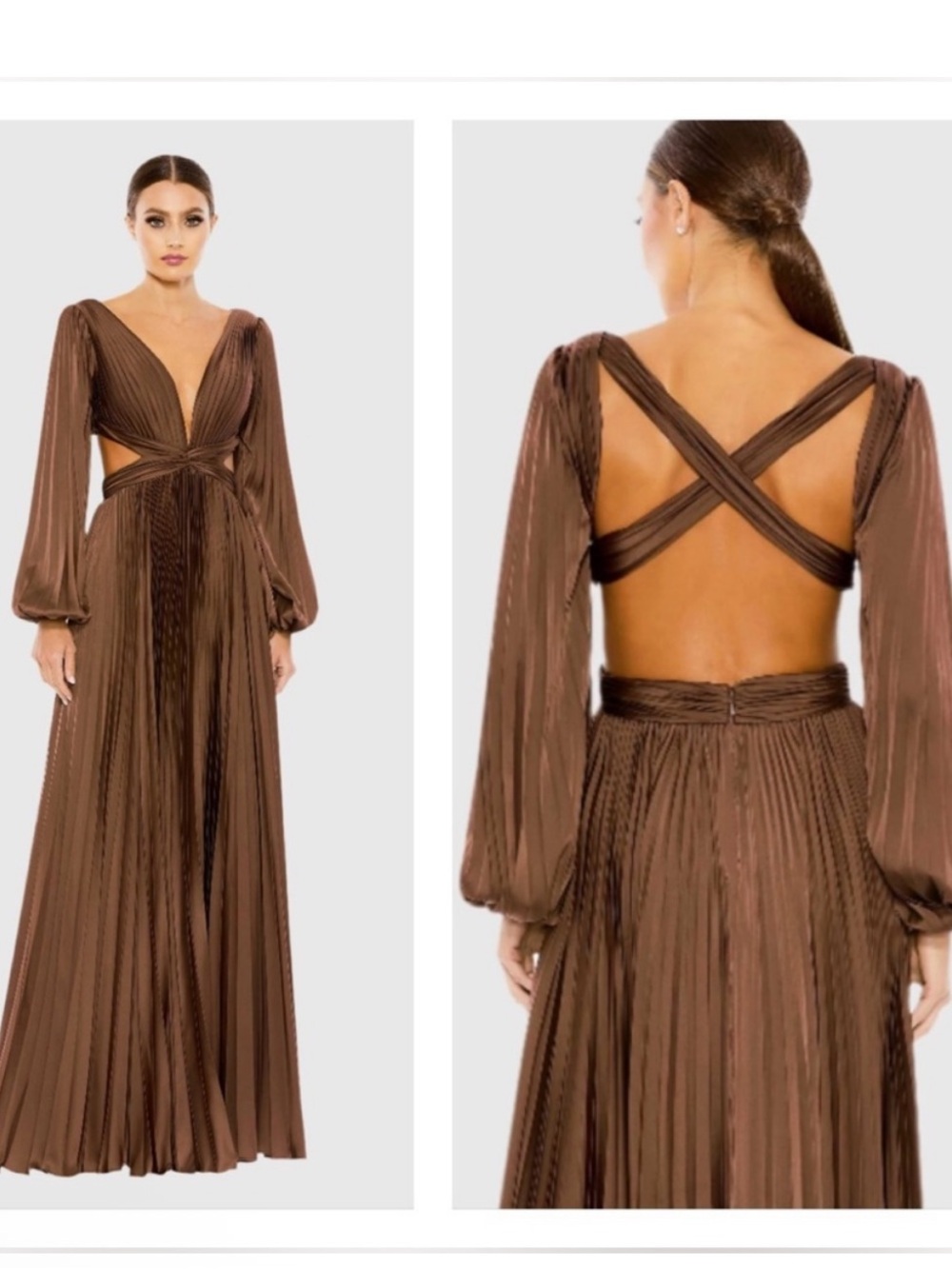 Mac Duggal Espresso Brown Pleated Charmeuse Cut Out Gown 26737 Size 10 NWT